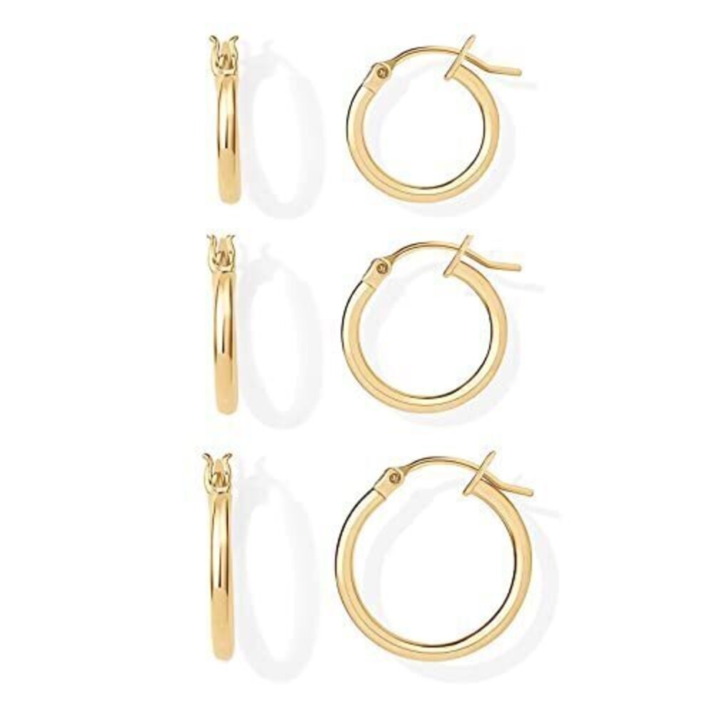 2030 18K Yellow Gold 925 Sterling Silver Post Hoop Earrings - Thin Small